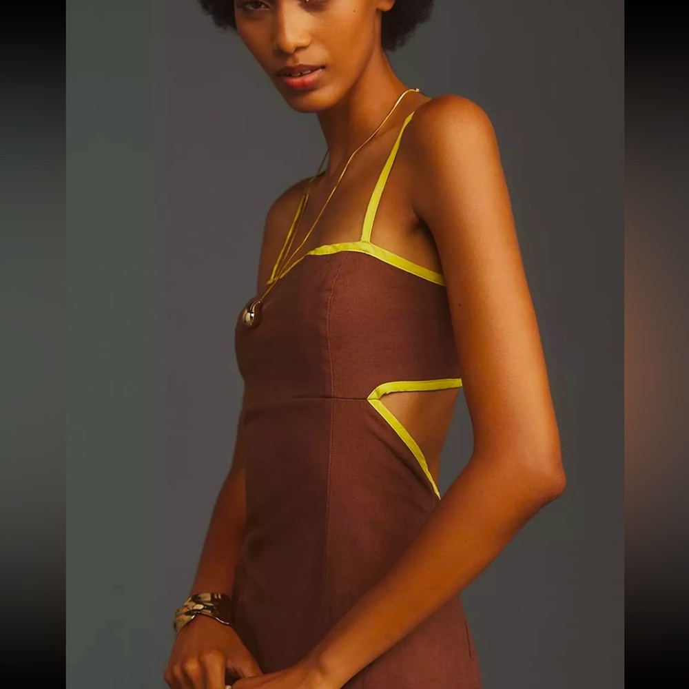 Anthropologie Brown Midi Dress with Yellow Trim - Picture 4 of 5